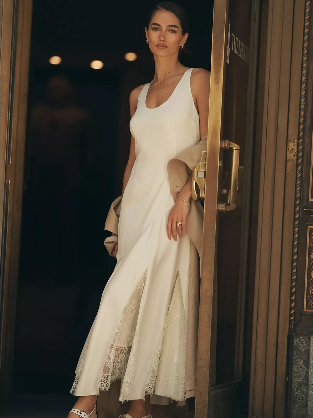 NWT Anthropologie Endless Rose Elegant White Sleeveless Lace-Panel Midi Dress